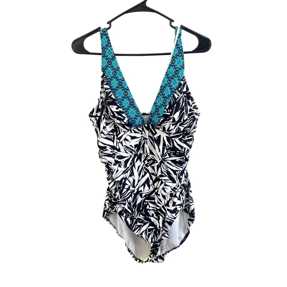 NWOT Coastal Blue One Piece Swimsuit L V Neck Flattering Beach